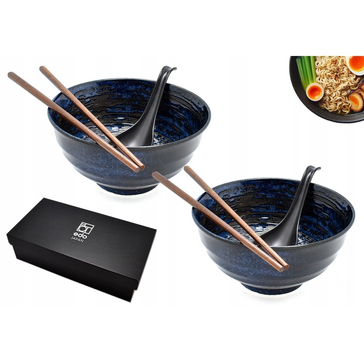 Set 2 Boluri Udon Uzu 800ml cu Betisoare si Linguri - Japonia