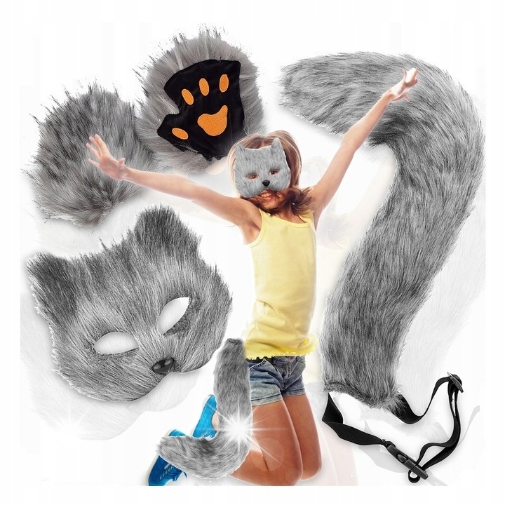 Set costum de carnaval, masca, manusi si coada din blana artificiala, 50cm, gri