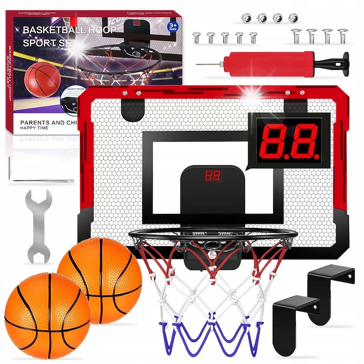 Kosárlabda palánk ajtóra, teljes készlet 2 labdával, pumpával, 40x26cm, pontszámlálóval