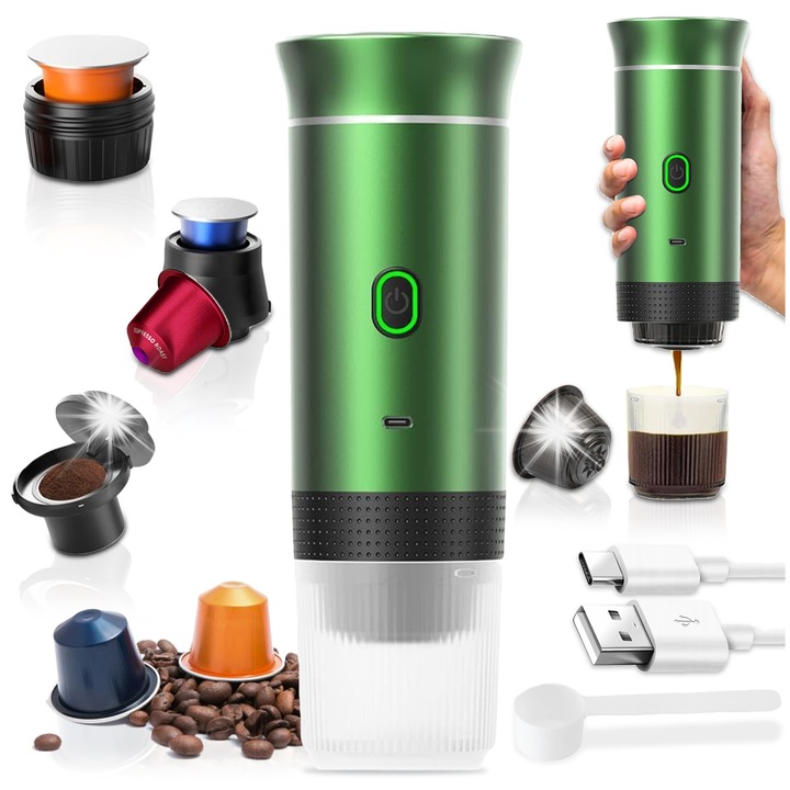 Преносима кафемашина 3 в 1, големи и малки капсули, смляно кафе, безжична, компактна, 24 см