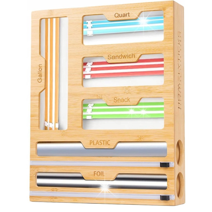 Bambusz multifunkcionális rendszerező fóliához és tasakokhoz, 4 rekeszes, beépített vágóval, 30x10x10cm