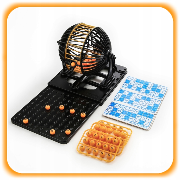 Bingo, társasjáték, számhúzó gép, 72 kártya, 90 golyó, 20x22,5x18cm