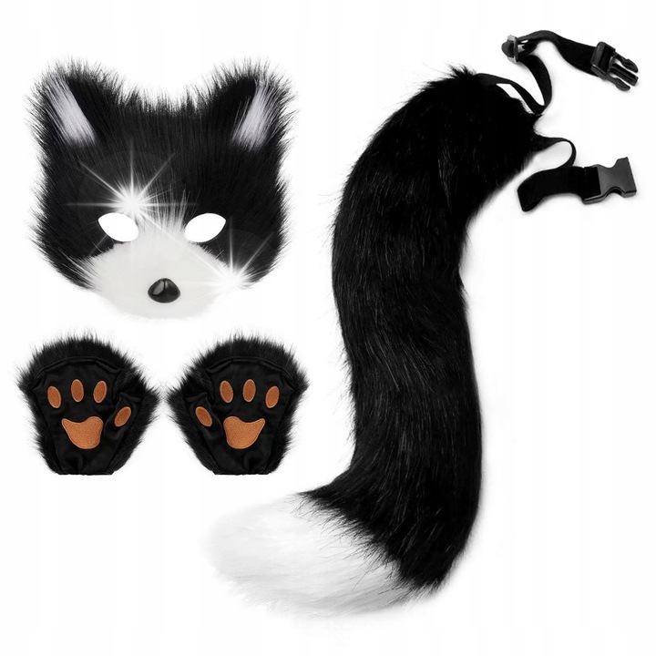 Set costum animal, masca, manusi, coada blana artificiala, 50cm, multicolor, unisex