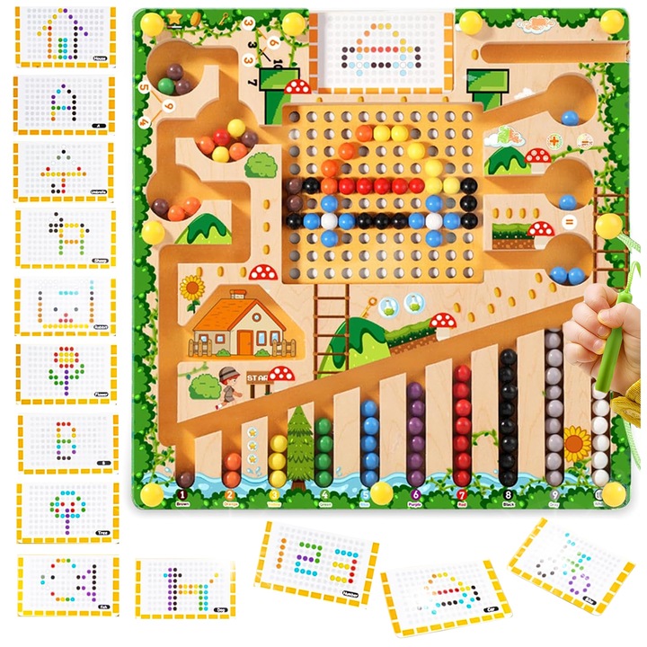 Labirint educativ Montessori pentru copii, 22x22cm, 55 bile colorate, set educational