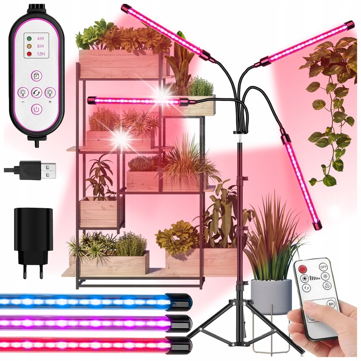 Set 4x Lampa LED pentru Cresterea Plantelor cu Stativ, Timer si Pilot, 40-160cm, IP54