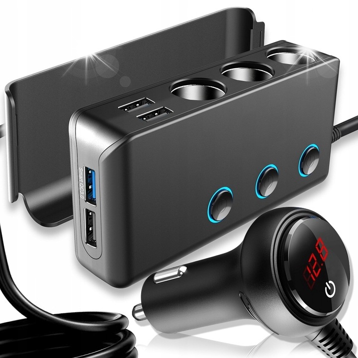 Szivargyújtó elosztó 12-24V, 4xUSB, gyorstöltés, LED voltmérővel, 120W