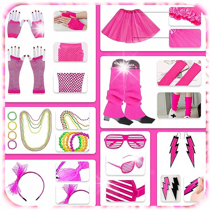 Costum retro neon 8w1, fusta din tulle roz, accesorii pentru Halloween si petreceri tematice