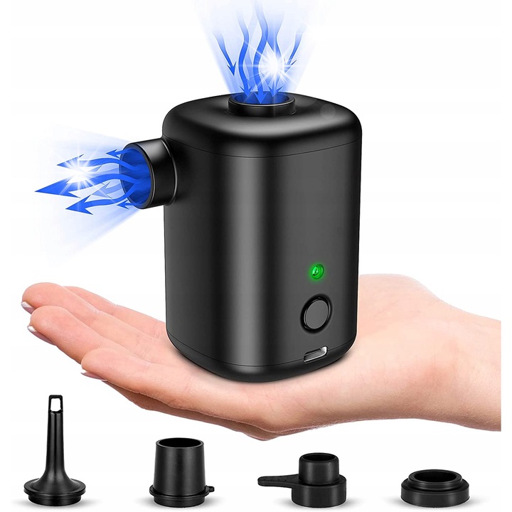 Pompa de umflat portabila, 3000 mAh, 15W, 300L/min, neagra, set cu 4 duze
