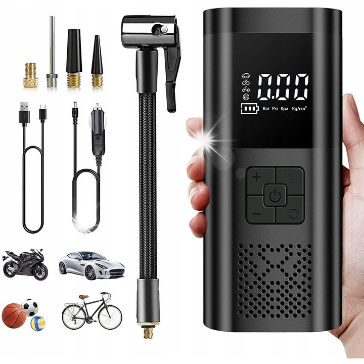 Mini pompa electrica cu acumulator 150psi, 6000mAh, compresor auto, cu manometru LCD, set accesorii