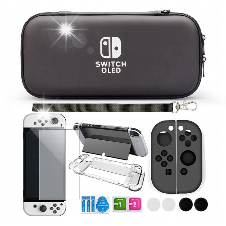 Set Accesorii Nintendo Switch OLED, Husa Protectoare, Geanta Transparenta, 10 Sloturi pentru Jocuri, Negru, 26x12x4cm