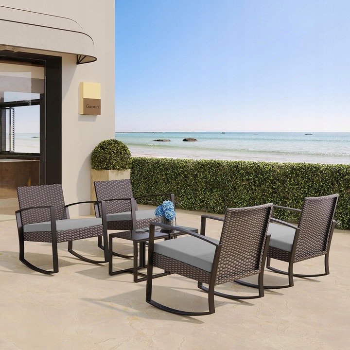 Set mobilier gradina 3 piese, masa si 2 scaune, rattan PE, gri