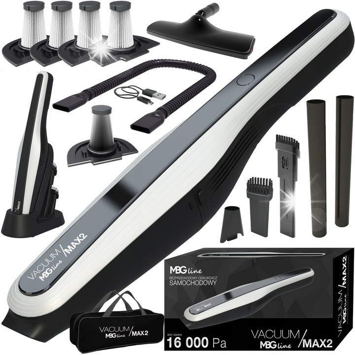 MBG LINE VACUUM MAX 2 vezeték nélküli autós porszívó, 16.000 Pa teljesítmény, 4 HEPA szűrő, tartozékokkal, 7800mAh
