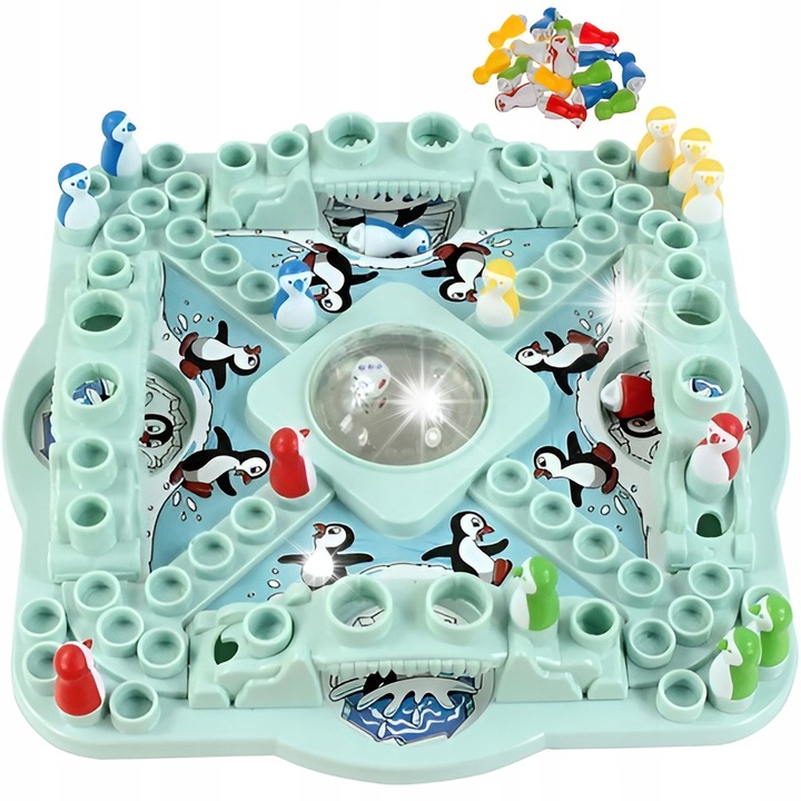 Társasjáték, Pingvin verseny, 2-4 játékos, méretek 26x26x4cm, komplett készlet 16 színes bábuval