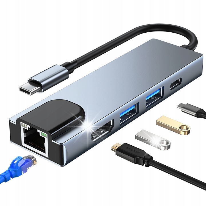 Адаптер Hub USB-C 5 в 1, HDMI 4K, Ethernet RJ45, 2 x USB 3.0, сребрист, 15 см