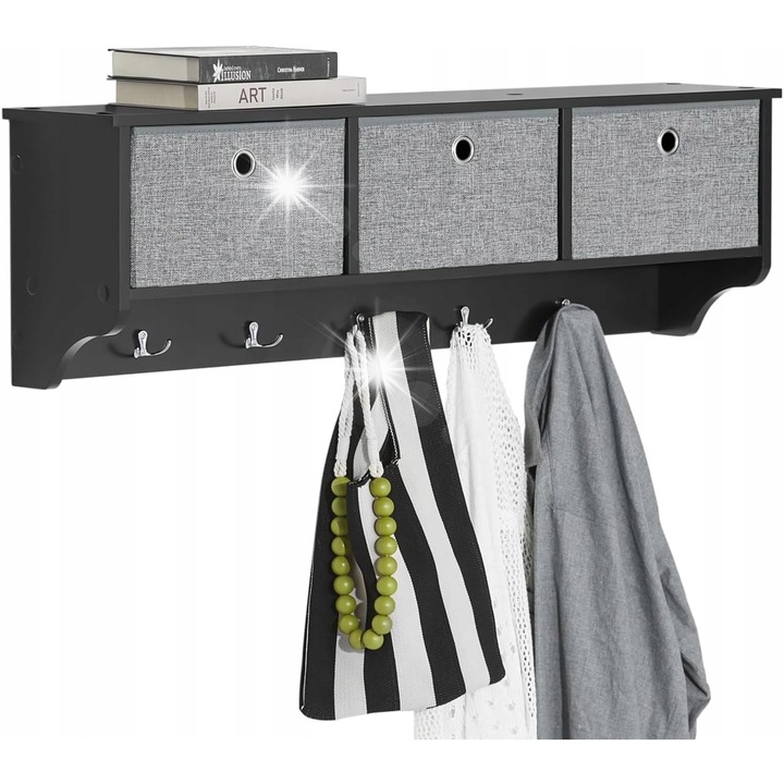 Polca cu 3 cosuri si 5 carlige, design universal, 100x30x20cm