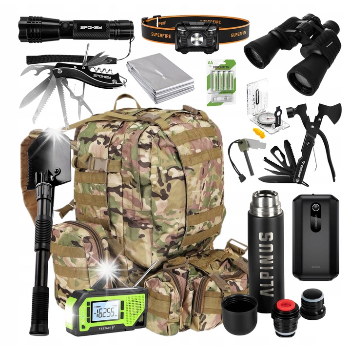 Set de supravietuire 13 in 1, rucsac militar, accesorii camping si drumetii