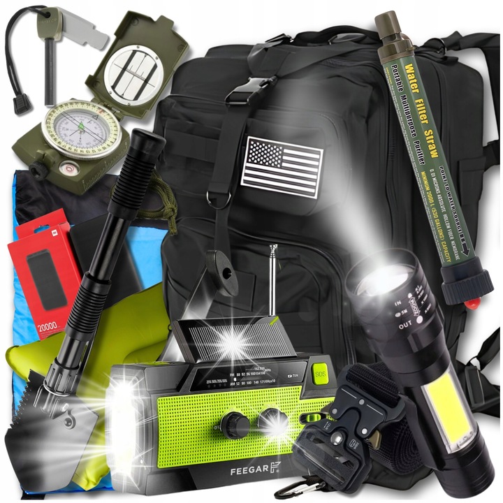 Set de supravietuire cu rucsac militar XL 38L, sac de dormit 190x75cm, perna 44x26cm, lanterna LED, powerbank 20000mAh, filtru apa 2000L