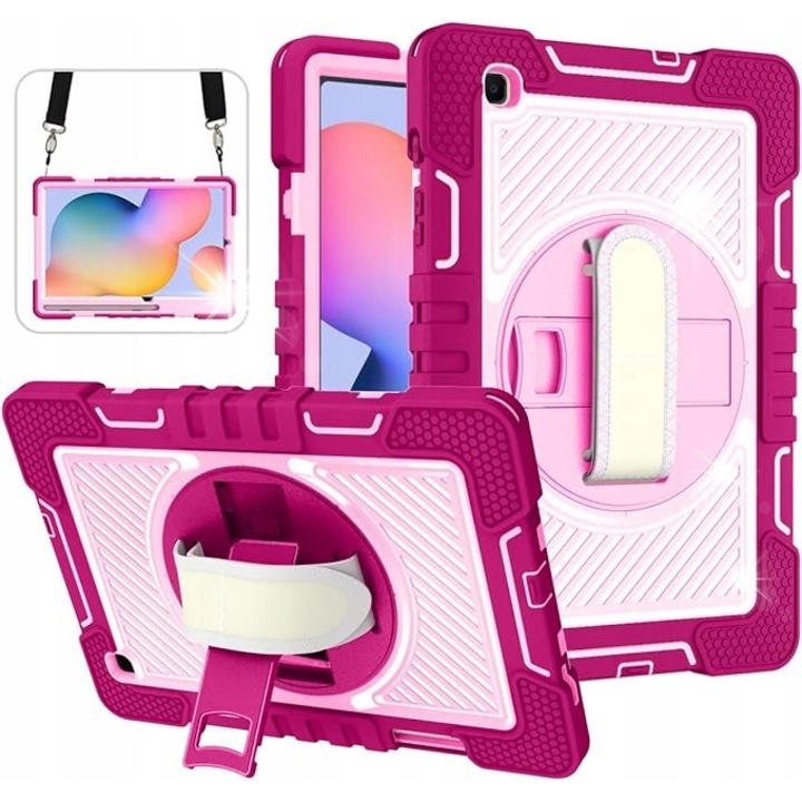 Husa pentru tableta Samsung Galaxy Tab S6 Lite 10.4", roz, cu suport rotativ 360 si curea de umar, set