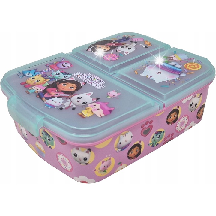 Кутия за обяд, 3 отделения, цветни мотиви, 18x14x7см