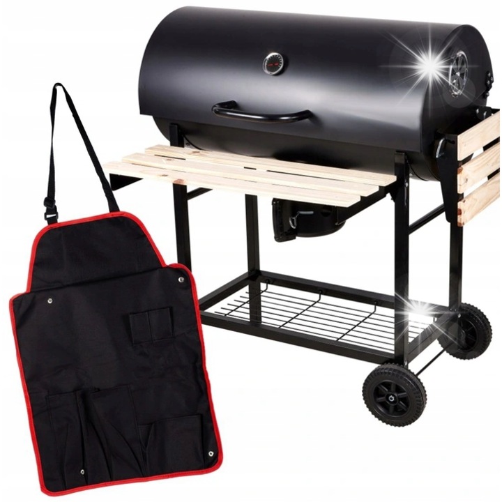 Gratar portabil GrillMaster BigBend GM2020, negru mat cu elemente din lemn, 3 gratare cromate, dimensiuni 71x35cm, 67x13cm, 66x30cm, set complet.