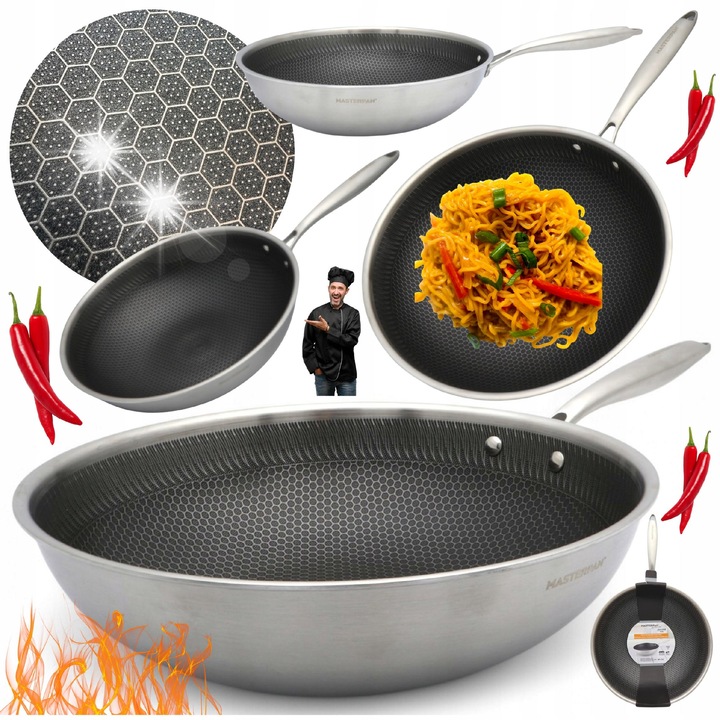 Tigaie WOK MASTERPAN 28cm, inox, capacitate 3.7L, neaderenta, pentru toate tipurile de plite
