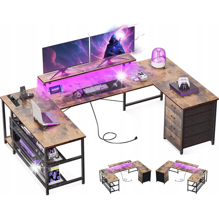 Birou gaming U, maro, 102x167x89cm, iluminare LED 10 culori, 2 guri AC, 2 porturi USB