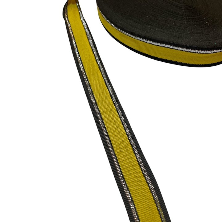 Декоративна лента черна с жълто и сребърна нишка, 20мм, 10 линейни метра