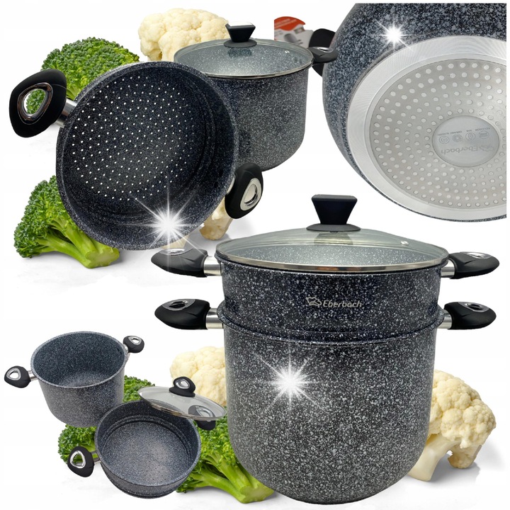 Oala 2 in 1, eberbach, 26cm, 10.0L, insertie pentru gatit cu aburi, gri