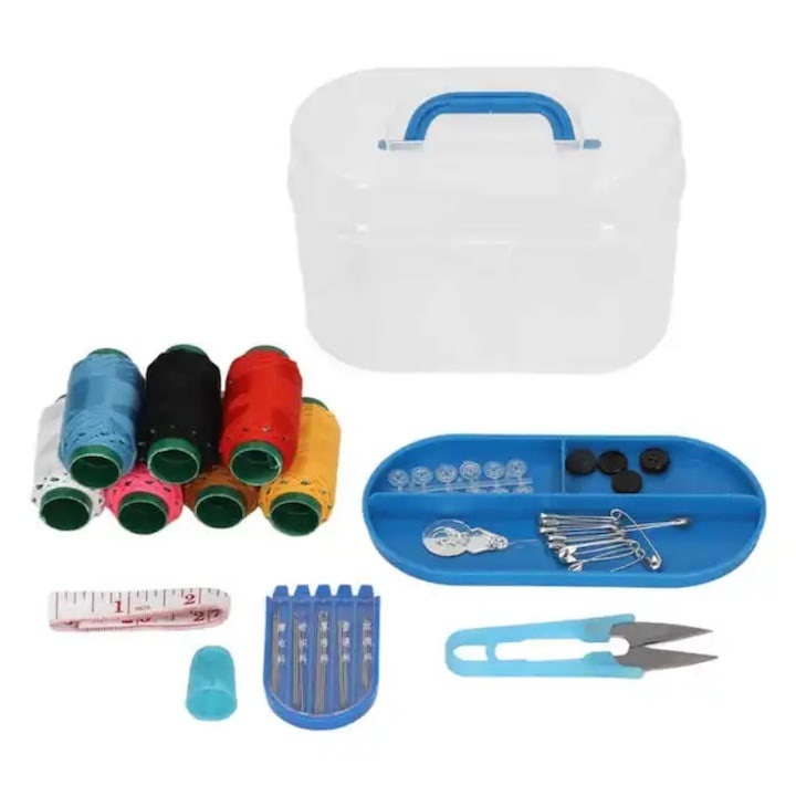 Set de croitorie, 32 de articole diferite, cutie cu clips pentru depozitare, plastic, 12.5 x 7.5 cm, multicolor
