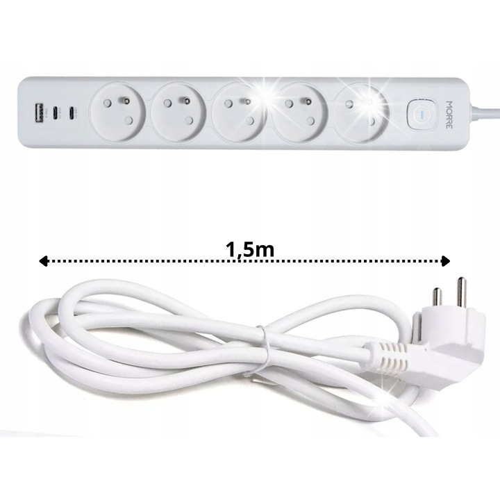 Разклонител с 8 контакта, 5x230V 2xUSB-C 1xUSB-A, 1.5м, бял