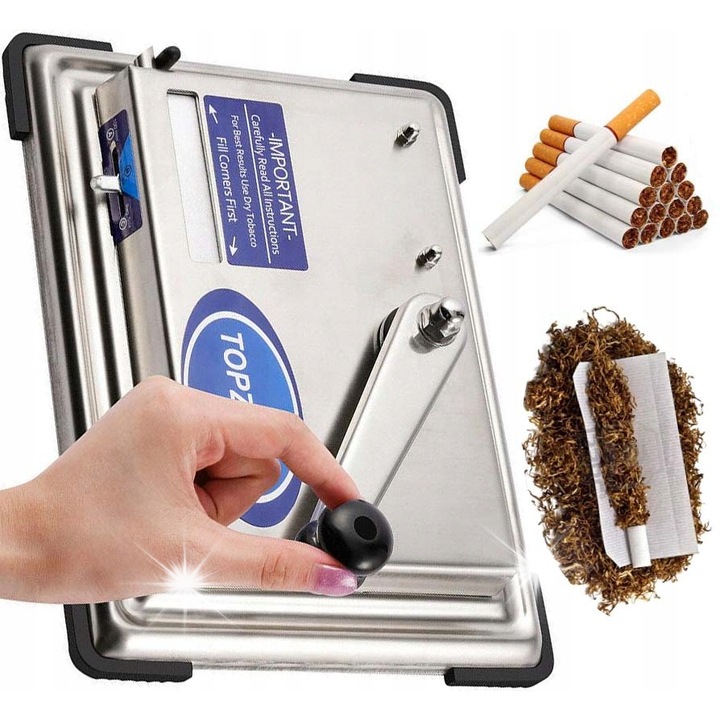 Masina de umplere pentru tigari, 24.5x18.5x9cm, metal, plastic, argintie, set cu perie de curatare