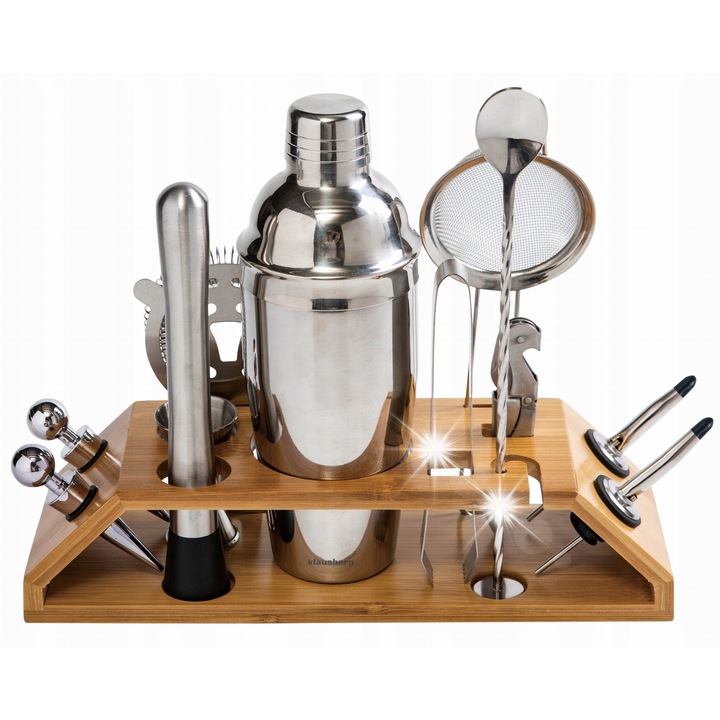 Set barman 13 piese, accesorii din otel inoxidabil, suport din bambus, KLAUSBERG