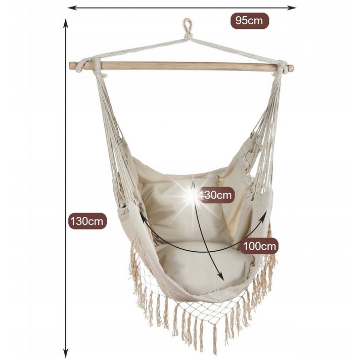 Висящ бразилски стол, хамак с 2 възглавници, 130x100см, 120кг, сив