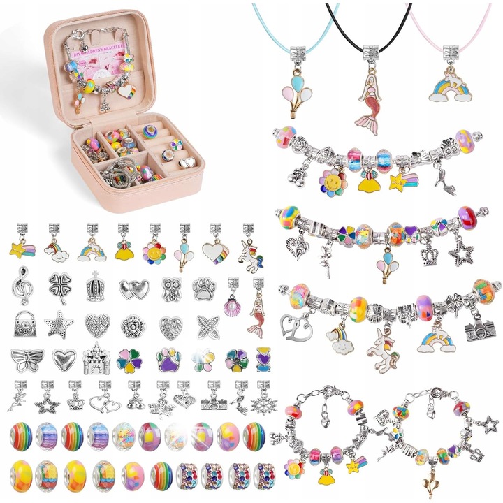 Set de bratari DIY pentru copii, 20 de margele, 3 bratari si 3 coliere, multicolor, 3-12 ani