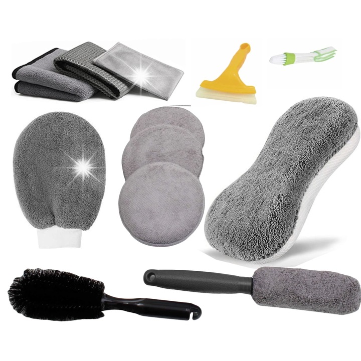 Set detailing auto 12 elemente, microfibra, perie nylon, lavete, diverse dimensiuni