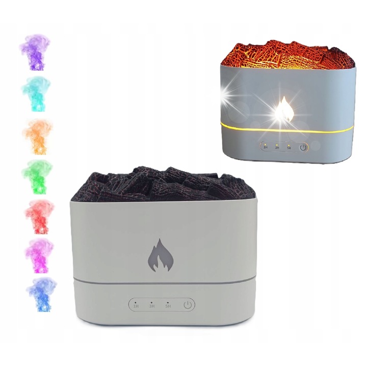 Aromaterápiás párásító lánghatással, 250 ml, RGB LED, fehér, 17x13.6x8 cm