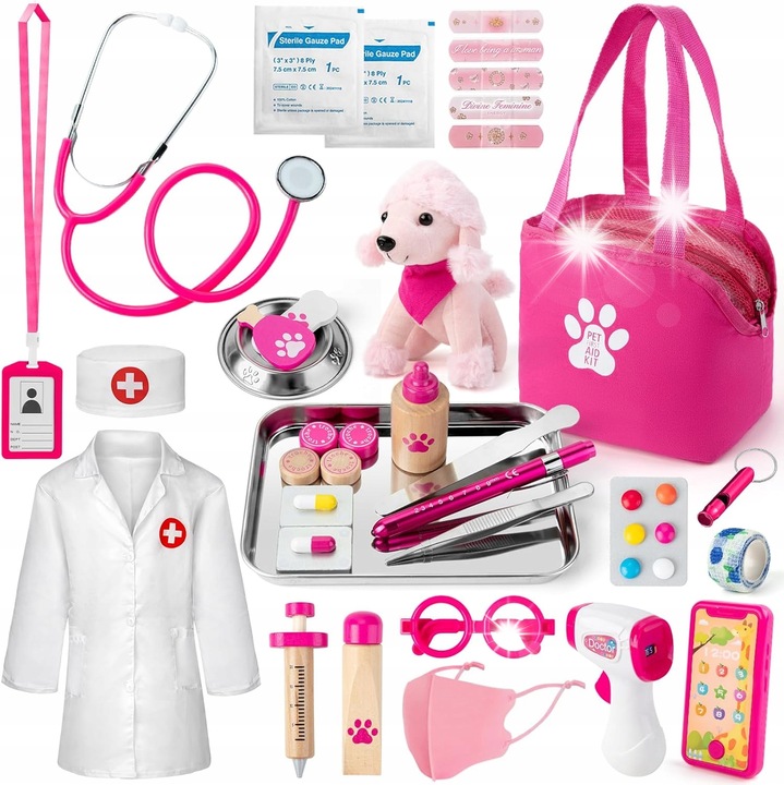 Set joaca doctor, 36 elemente, valiza, catel, pentru copii