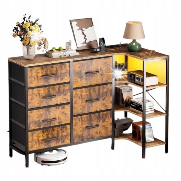 Comoda coltara cu iluminare LED si porturi USB, 7 sertare, 3 polite, multicolor, dimensiuni L