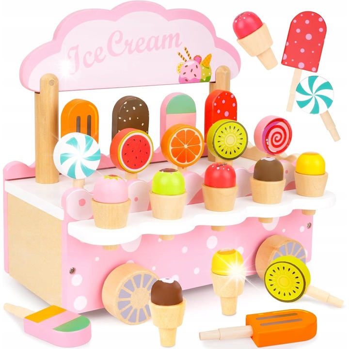 Set joaca magazin inghetata din lemn, culori diverse, pentru copii de la 3 ani