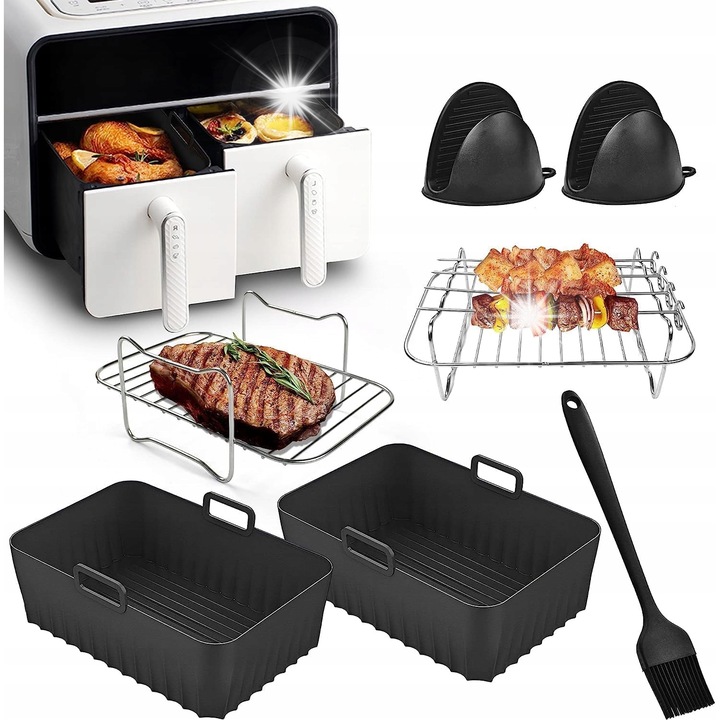 Set accesorii pentru friteuza cu aer cald, 7 piese, silicon, inox, 21,5x14,5x7cm