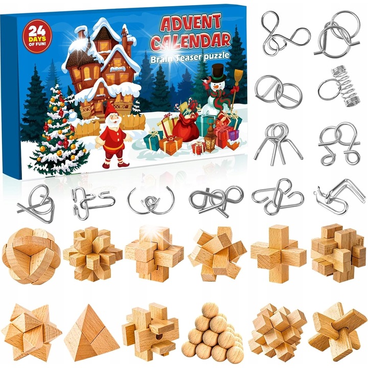 Адвент календар, 24 дни, игри и пъзели за интелигентност, 3D, за деца и възрастни, дърво и пластмаса