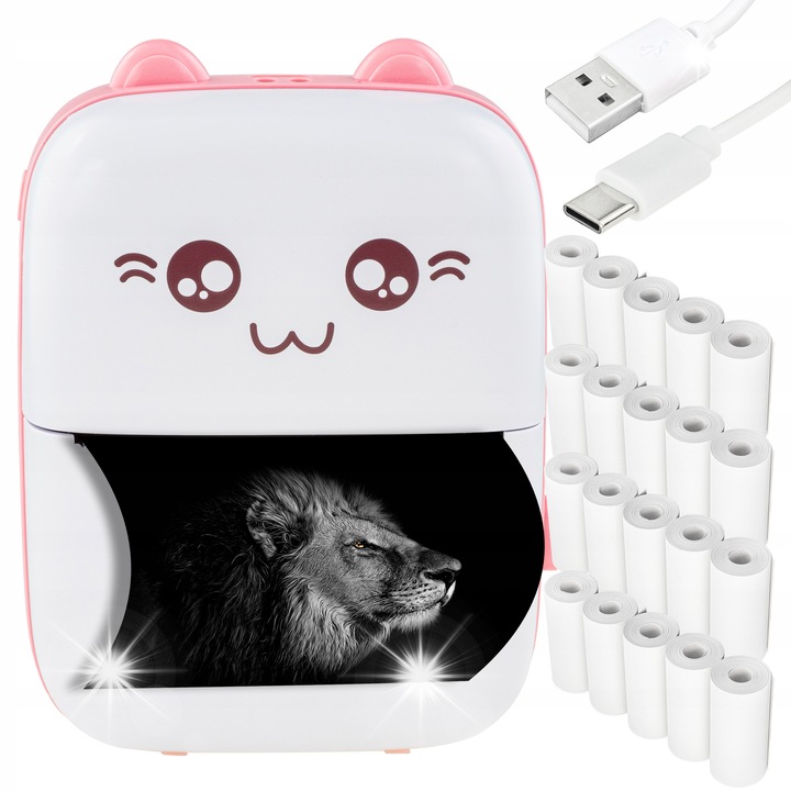 Мини термопринтер Drukus, розов, XXL комплект с 20 ролки хартия, размери 11x8x3.5см