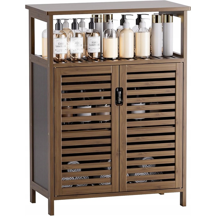 Dulap de baie din bambus cu usi jaluzele, 80x60x30cm, culoare nuc