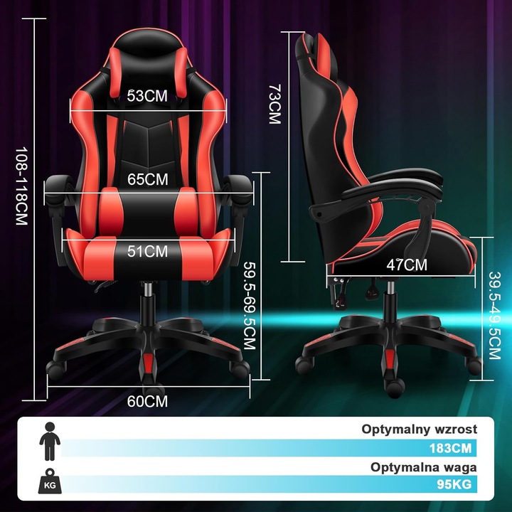Ергономичен геймърски стол GB911W6Y9I, PU кожа, регулируем с наклон 90°-135° и заключване, облегалка за глава и лумбална опора, регулируеми подлакътници, безшумни колелца, червено/черно, 65×65×129 см