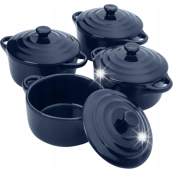 Set 4 vase termorezistente ceramice, 170 ml, colorate, cu capac, pentru cuptor si microunde, design elegant, multicolor