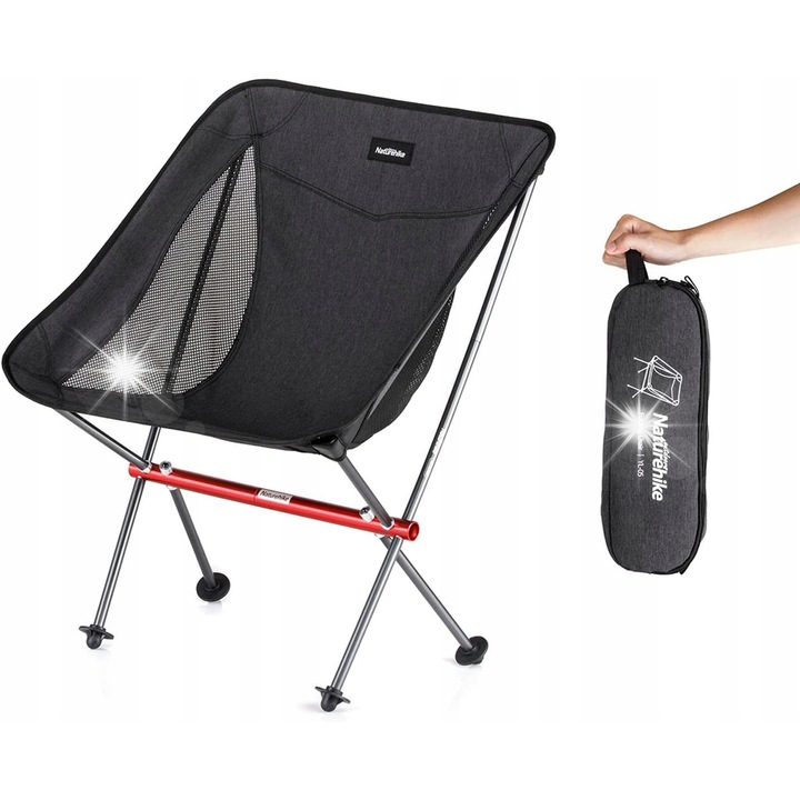 Scaun camping, pliabil, negru/gri, 1,1 kg, suport 150 kg, dimensiuni 37x12cm, set cu geanta de transport