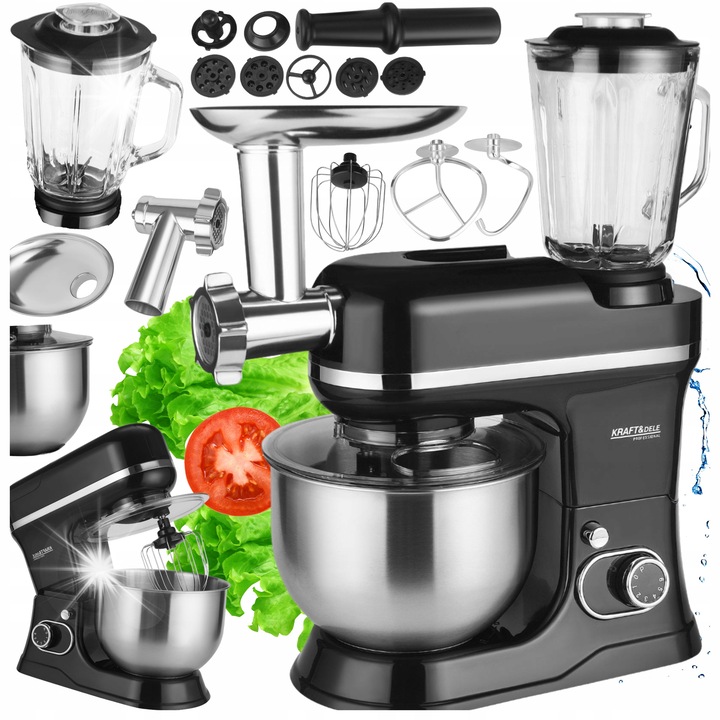 Мултифункционален планетарен кухненски робот с миксер, 3000 W, купа от неръждаема стомана 5 L, блендер със стъклена кана, месомелачка