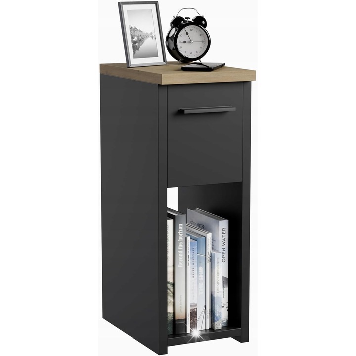 Noptiera, design ergonomic, cu sertar si polita, negru, 20x55x30,5cm