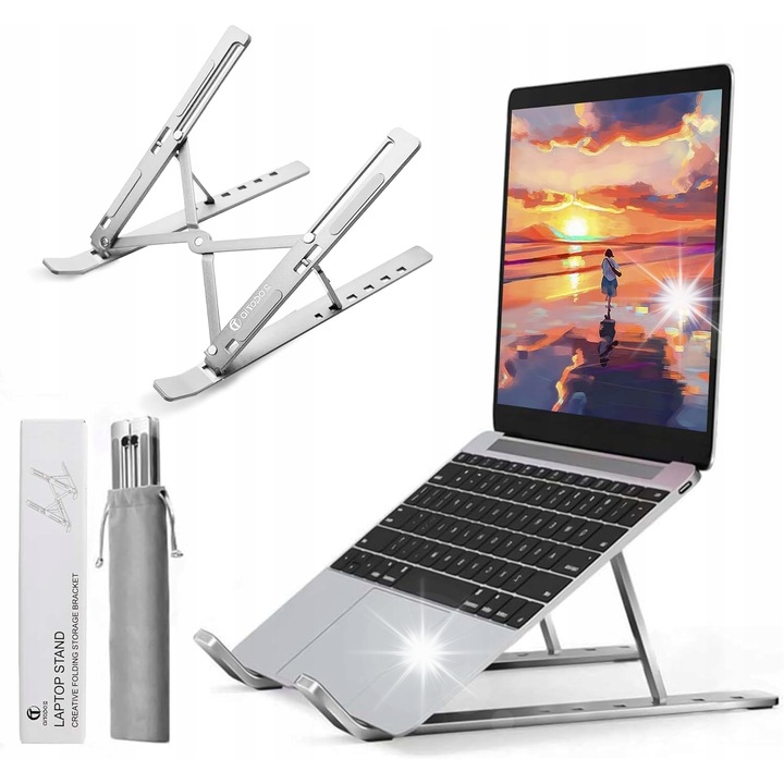 Suport laptop reglabil, argintiu, din aliaj de aluminiu, 8-16 inch, 6 niveluri inaltime, design compact