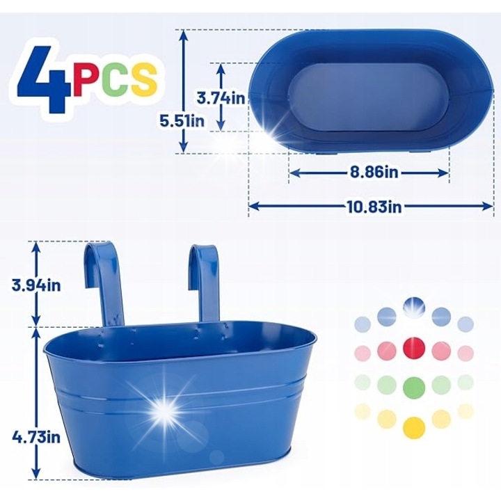 Set 4 ghivece metalice suspendate, colorate, 27,5x22,5cm, pentru flori si organizare